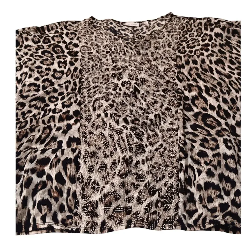 CHICO'S Blouse Top 3 XL Gold Embroidered Animal Print Cheetah Career‎ Office